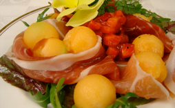 Fresh parma-ham & melon salad starter A refreshing starter with parma-ham & melon